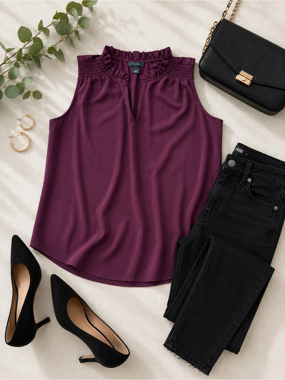 Halogen Plum Ruffle Neck Sleeveless Blouse Size Large